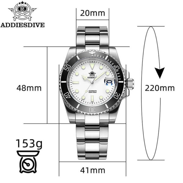 Addiesdive Black Bezel White Dial Diver's 200M H3DQZ Watch - Image 3