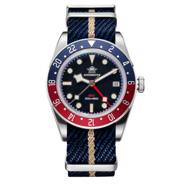 Addiesdive Swiss Ronda 515-24H AD2044 Pepsi Bezel GMT Black Dial Nylon Band Watch