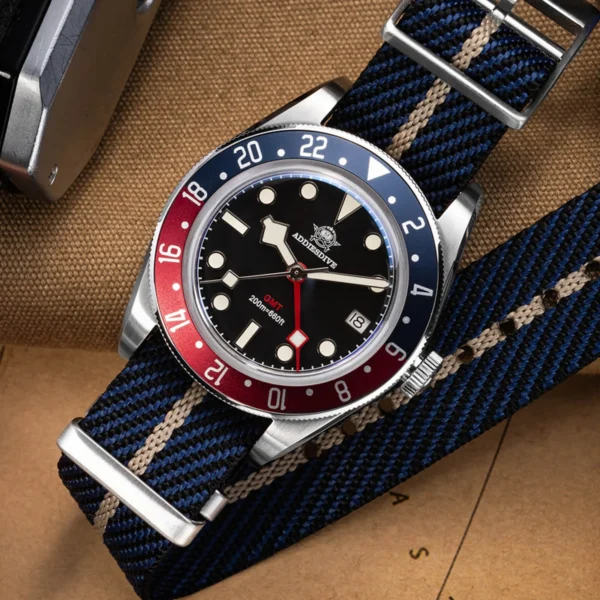 Addiesdive Swiss Ronda 515-24H AD2044 Pepsi Bezel GMT Black Dial Nylon Band Watch - Image 4