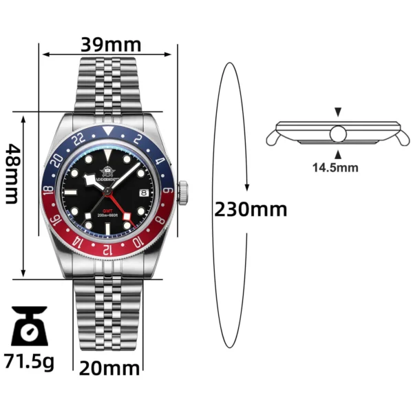 Addiesdive Swiss Ronda 515-24H AD2044 Pepsi Bezel GMT Black Dial Watch - Image 6