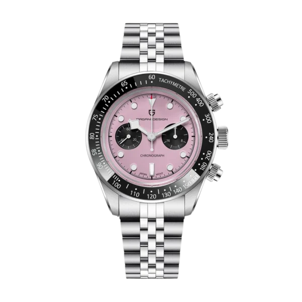 Pagani Design PD1813 Pink Dial Black Sub-Dials Jubilee Chain Chronograph Watch