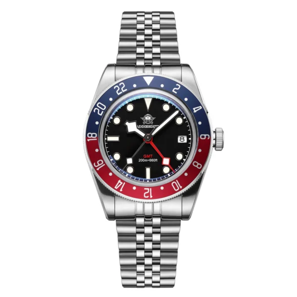 Addiesdive Swiss Ronda 515-24H AD2044 Pepsi Bezel GMT Black Dial Watch
