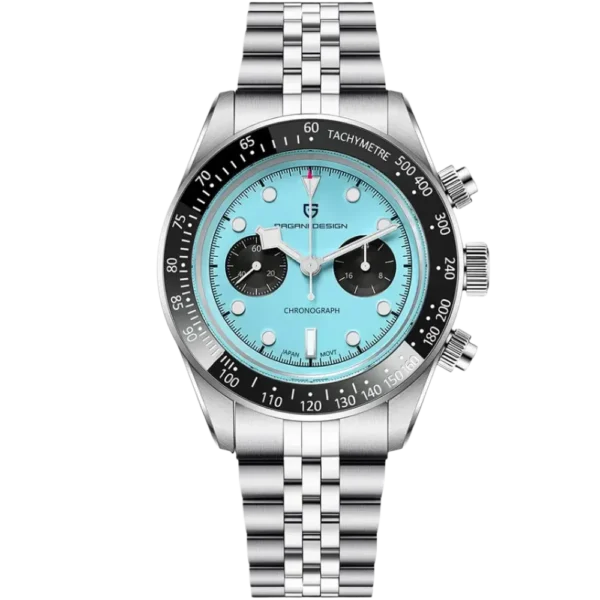 Pagani Design PD1813 Ice Blue Dial Black Sub-Dials Jubilee Chain Chronograph Watch