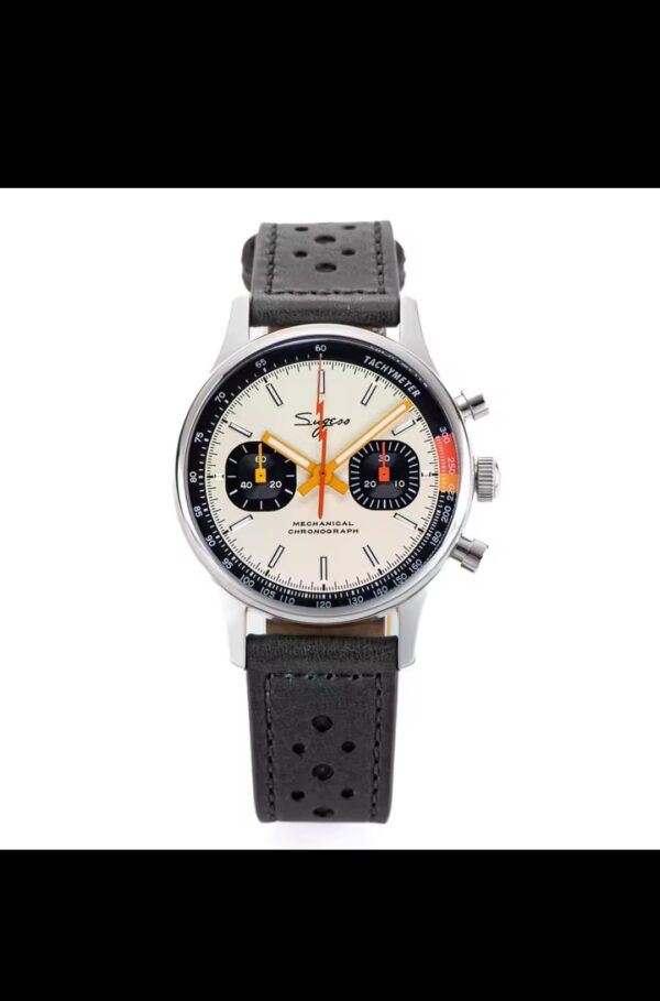 Sugess Panda ST1901 Black Leather Swanneck Manual Hand Winding Chronograph