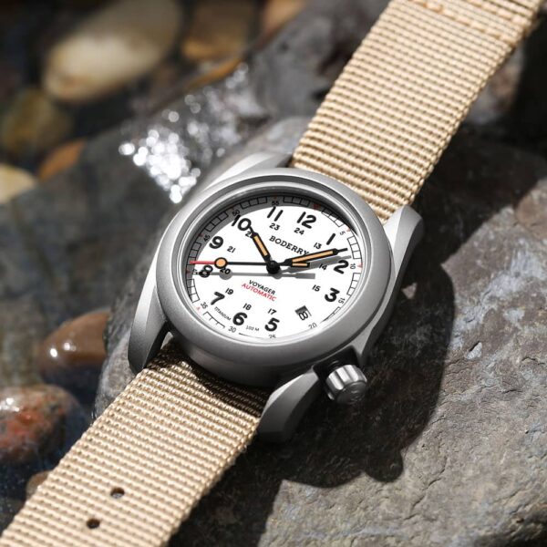 Boderry VOYAGER White Dial Beige Nato Strap Watch - Image 5