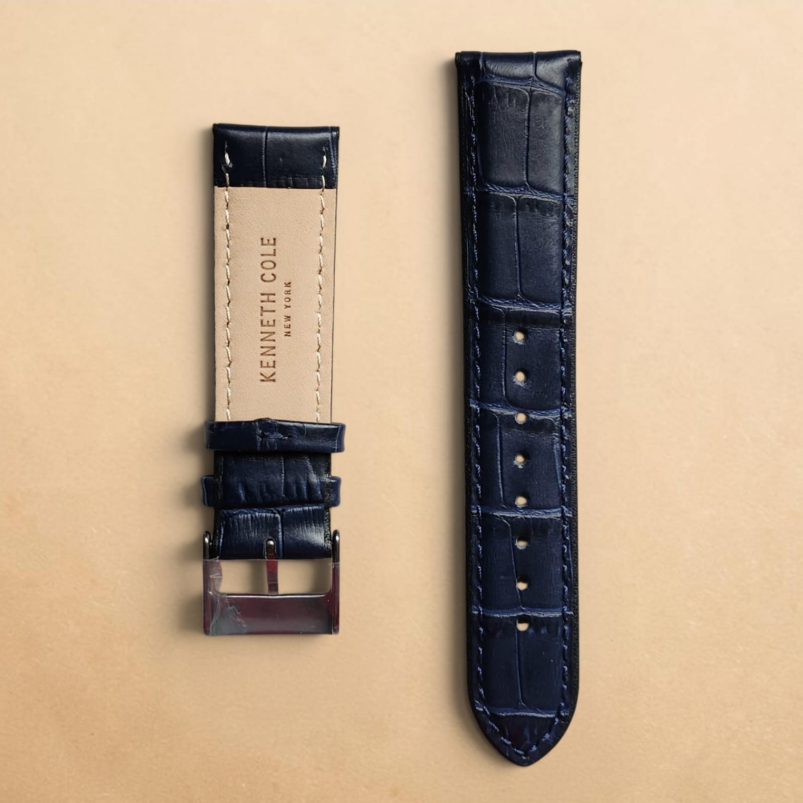 0001 Kenneth Cole New York Navy Blue Crocodile Textured Genuine Leather Strap 22mm - Image 2