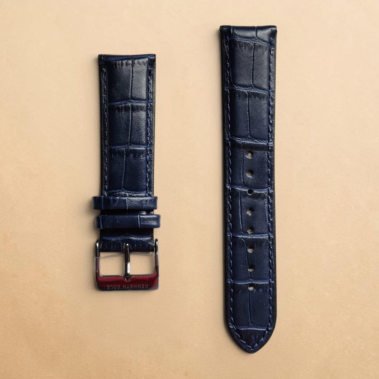 0001 Kenneth Cole New York Navy Blue Crocodile Textured Genuine Leather Strap 22mm