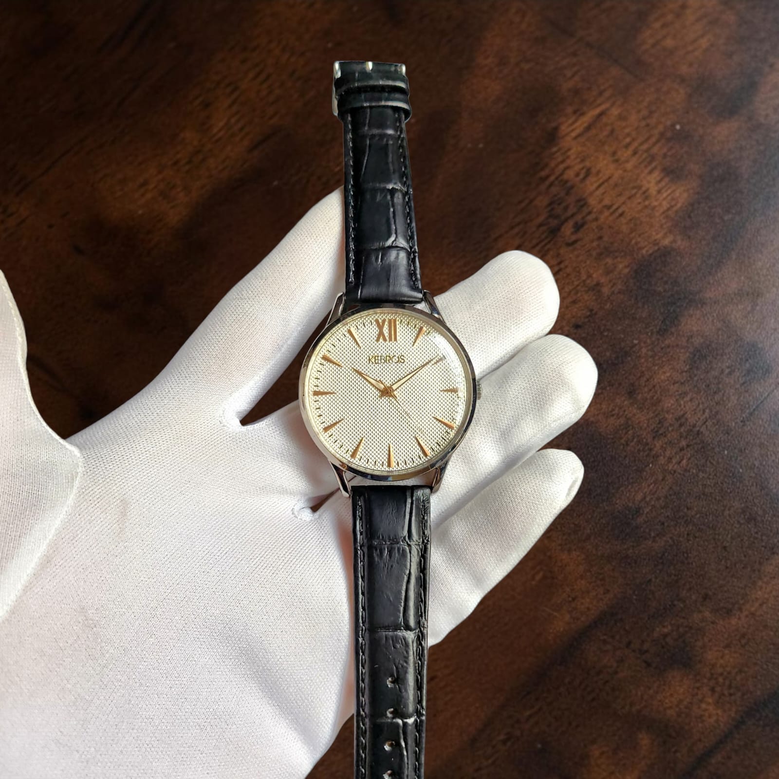 017 Kebros Japanese Quartz Watch With Rose Gold Indices and Textured Dial - Image 2