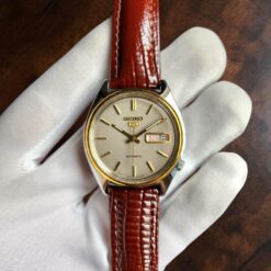 012 Seiko 5 Brushed Dial 1980's Vintage With Gold Bezel Watch